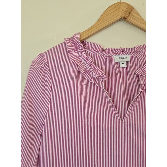 J. Crew Pink Striped Peasant Top Split Neck Ruffle Size Medium Long Sleeve - Picture 3 of 11